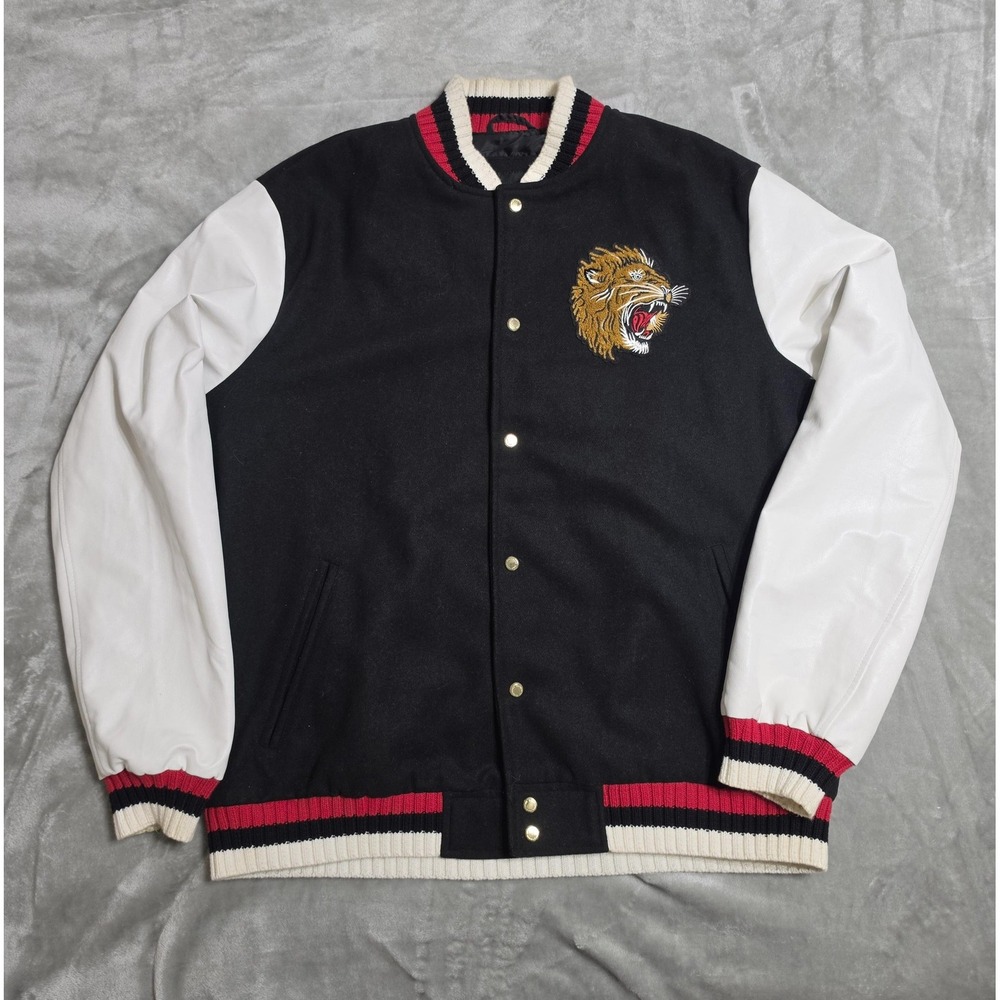 Sean John Jacket Mens 2XL Black Varsity Snap Lion Wool Blenc Faux Leather Sleeve